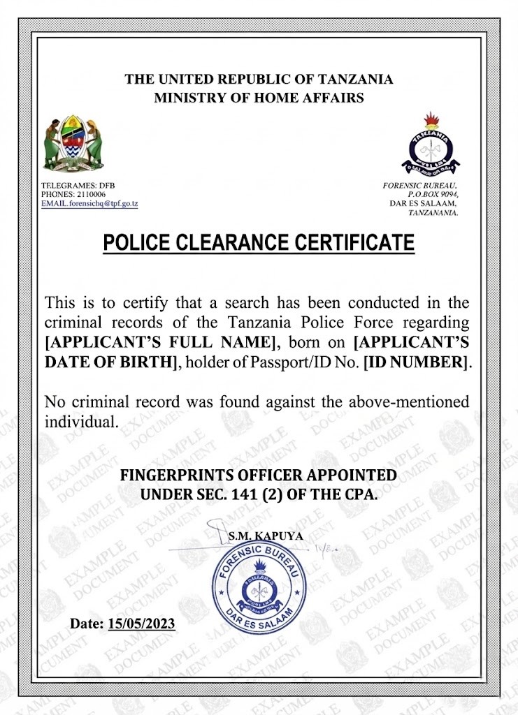 Tanzania Police Clearance Certificate (PCC) 1
