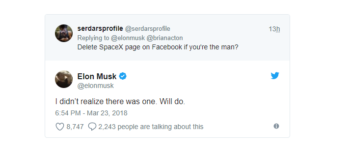 Elon Musk Afuta Kurasa za Facebook za Tesla na SpaceX