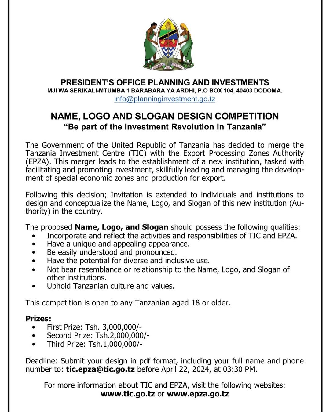 Design a Name, Logo and Slogan for the New Tanzania Investment Center